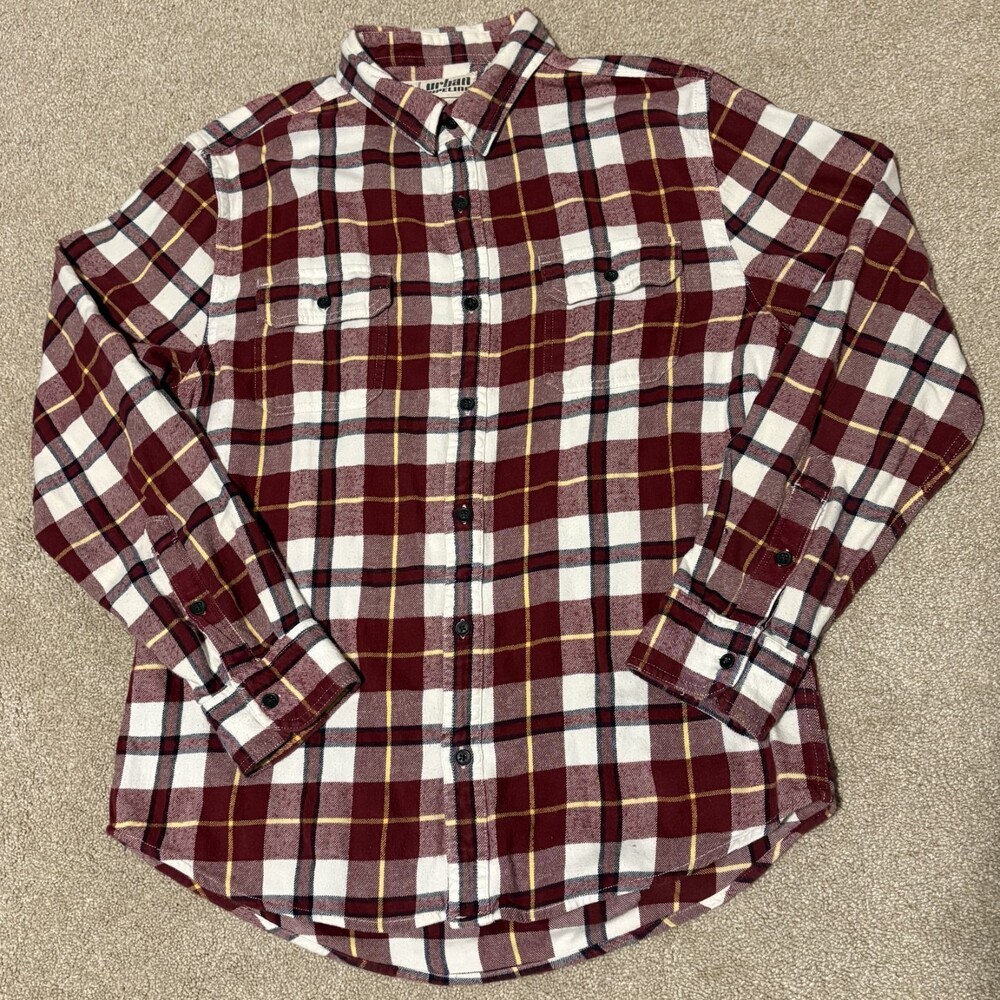 Urban Pipeline Mens Flannel Shirt 100% Cotton Button Up Red White Plaid, Sz L